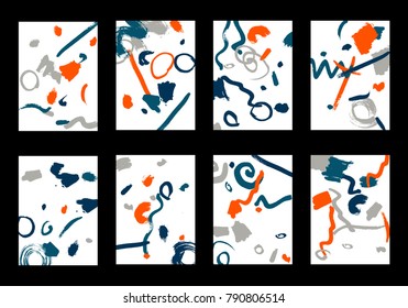 Set of 8 Cover Templates with Bright Brush Strokes on White Background. Colorful Base For Poster, Banner, Greeting Card or Invitation. Abstract Editable Design in Retro Style of 1990s