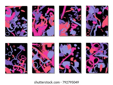 Set of 8 Cover Templates with Bright Brush Strokes on Black Background. Abstract Editable Design in Retro Style of 1990s. Colorful Base For Poster, Banner, Greeting Card or Invitation.