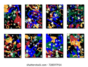 Set of 8 Covers with Doodle Stars and Abstract Shapes. Cute Cards or Dark Backgrounds for Posters. Simple Naive Design in Retro Stile. Light Primitive Backgrounds with Abstract Shapes. Vector