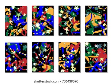 Set of 8 Covers with Doodle Stars and Abstract Shapes. Cute Cards or Dark Backgrounds for Posters. Simple Naive Design in Retro Stile. Light Primitive Backgrounds with Abstract Shapes. Vector