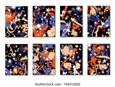 Set of 8 Covers with Doodle Stars and Abstract Shapes. Cute Cards or Dark Backgrounds for Posters. Simple Naive Design in Retro Stile. Light Primitive Backgrounds with Abstract Shapes. Vector