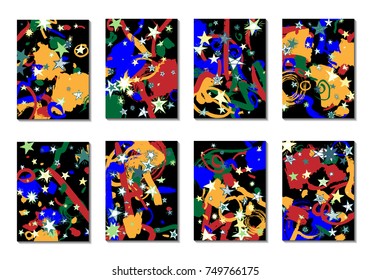 Set of 8 Covers with Doodle Stars and Abstract Shapes. Cute Cards or Dark Backgrounds for Posters. Simple Naive Design in Retro Stile. Light Primitive Backgrounds with Abstract Shapes. Vector