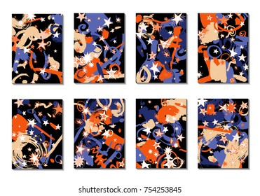 Set of 8 Covers with Doodle Stars and Abstract Shapes. Cute Cards or Dark Backgrounds for Posters. Simple Naive Design in Retro Stile. Light Primitive Backgrounds with Abstract Shapes. Vector