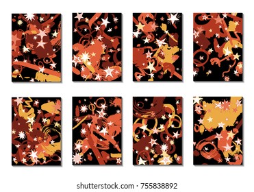 Set of 8 Covers with Doodle Stars and Abstract Shapes. Cute Cards or Dark Backgrounds for Posters. Simple Naive Design in Retro Stile. Light Primitive Backgrounds with Abstract Shapes. Vector