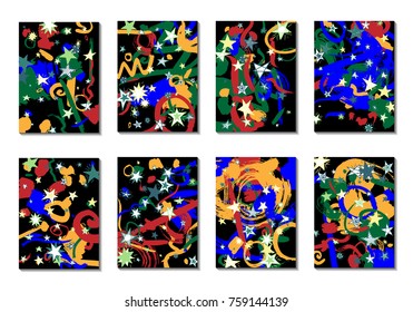 Set of 8 Covers with Doodle Stars and Abstract Shapes. Cute Cards or Dark Backgrounds for Posters. Simple Naive Design in Retro Stile. Light Primitive Backgrounds with Abstract Shapes. Vector