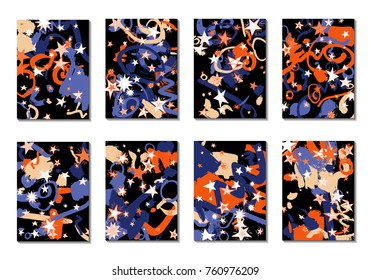 Set of 8 Covers with Doodle Stars and Abstract Shapes. Cute Cards or Dark Backgrounds for Posters. Simple Naive Design in Retro Stile. Light Primitive Backgrounds with Abstract Shapes. Vector