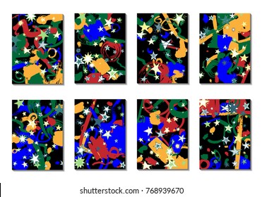 Set of 8 Covers with Doodle Stars and Abstract Shapes. Cute Cards or Dark Backgrounds for Posters. Simple Naive Design in Retro Stile. Light Primitive Backgrounds with Abstract Shapes. Vector