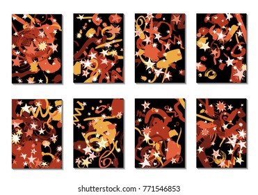 Set of 8 Covers with Doodle Stars and Abstract Shapes. Cute Cards or Dark Backgrounds for Posters. Simple Naive Design in Retro Stile. Light Primitive Backgrounds with Abstract Shapes. Vector
