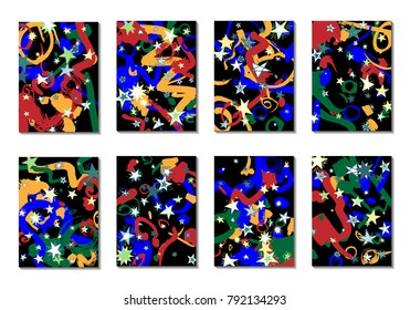 Set of 8 Covers with Doodle Stars and Abstract Shapes. Cute Cards or Dark Backgrounds for Posters. Simple Naive Design in Retro Stile. Light Primitive Backgrounds with Abstract Shapes. Vector