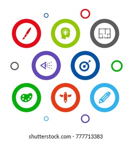 Set Of 8 Creative Icons Set.Collection Of Brush, Artist, Pen And Other Elements.