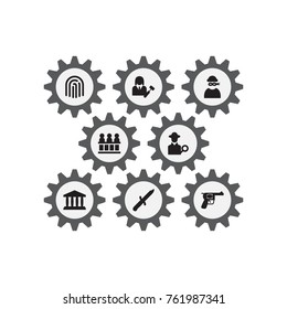 Set Of 8 Crime Icons Set.Collection Of Thumbprint, Inspector, Thief And Other Elements.