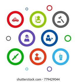 Set Of 8 Criminal Icons Set.Collection Of Police Car, Judge Gavel, Thief And Other Elements.