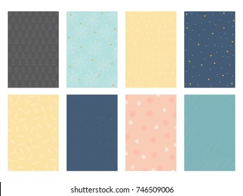 Set with 8 cute backgrounds for holiday greeting card or poster in winter. Vector illustration.