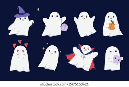 Set with 8 cute cartoony ghosts, getting ready for Halloween, hand drawn vector illustration, isolated on a dark background