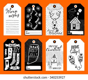 Set of 8 cute christmas gift tags with hand-inked elements