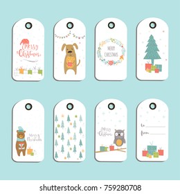 Set of 8 cute Christmas gift tags, cards with lettering Merry Christmas, animals, presets, tree and snowflakes. Easy editable template. Perfect  illustration for postcard, poster, badge, banner.