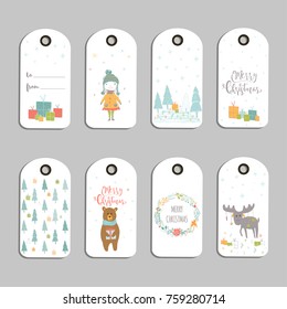 Set of 8 cute Christmas gift tags, cards with lettering Merry Christmas, animals, presets, tree and snowflakes. Easy editable template. Perfect  illustration for postcard, poster, badge, banner.