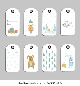 Set of 8 cute Christmas gift tags, cards with lettering Merry Christmas, animals, presets, tree and snowflakes. Easy editable template. Perfect  illustration for postcard, poster, badge, banner.