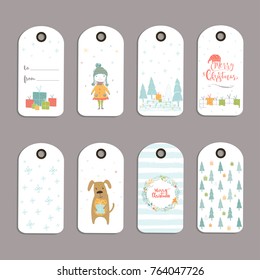 Set of 8 cute Christmas gift tags, cards with lettering Merry Christmas, animals, presets, tree and snowflakes. Easy editable template. Perfect  illustration for postcard, poster, badge, banner.