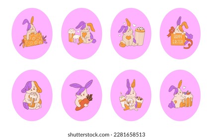 Set with 8 Cute Easter bunny in egg frame. Illustration for the decoration of the spring holiday Easter. Christian symbol of the rebirth of life after death. Vector illustration.