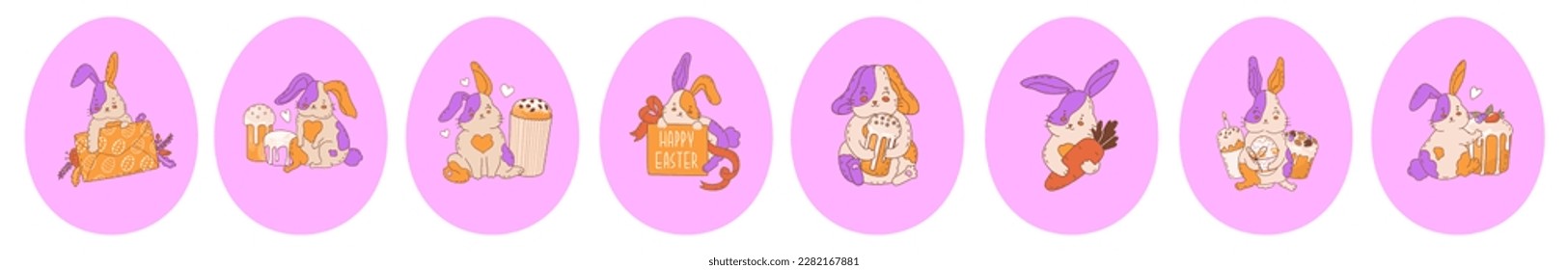 Set with 8 Cute Easter bunny in egg frame. Illustration for the decoration of the spring holiday Easter. Religious symbol of the rebirth of life after death. Vector illustration. 