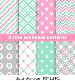 Set of 8 cute geometric vector seamless patterns, background for web sites, happy birthday greeting cards, wedding invitation etc. Pink, turquoise and gray pastel colors