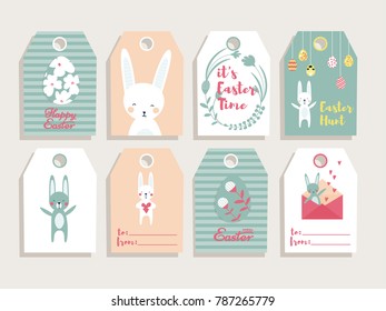 a set of 8 cute gift tags for Easter Holiday; with a cute bunny or rabbit; flowers; eggs; vector flat cartoon design