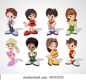 Set of 8 cute happy cartoon kids