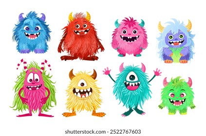 Set of 8 cute little monsters. Fictional creatures for children's print, posters, cards, Halloween designs. Cartoon vector illustrations. isolated magical fluffy animals on white background. Clip-arts