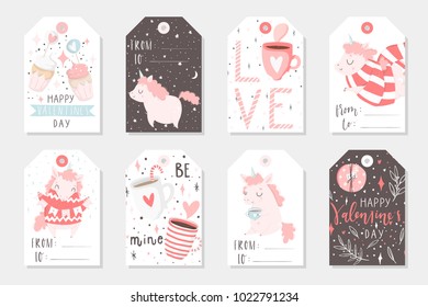 Set of 8 cute ready-to-use gift tags with unicorns. Gifts, hearts, cups and magic. Printable collection of hand drawn Valentine's Day label in gentle colors. Vector badge design