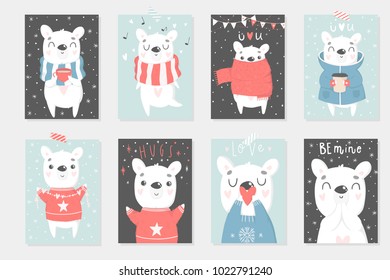 Set of 8 cute ready-to-use gift romantic postcards with polar bears, hearts, cups and magic Vector printable collection of Valentine's Day card, invitation, poster in gentle colors template design 