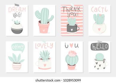 Set of 8 cute ready-to-use gift romantic postcards with succulents. Vector printable collection of Valentine's Day card, invitation, poster in gentle colors template design 