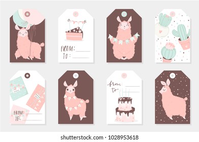 Set of 8 cute ready-to-use gift tags with lamas. Gifts, hearts, cups, cacti and magic. Printable collection of hand drawn Birthday or Valentine's Day label in gentle colors. Vector badge design