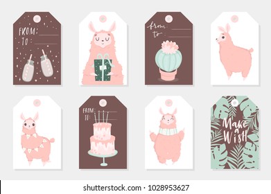 Set of 8 cute ready-to-use gift tags with lamas. Gifts, hearts, cups, cacti and magic. Printable collection of hand drawn Birthday or Valentine's Day label in gentle colors. Vector badge design