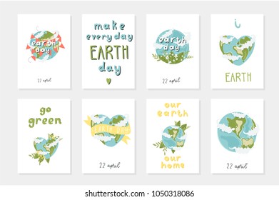 Set of 8 cute ready-to-use gift ecology postcards with the earth, ribons, lettering, flowers. Happy Earth day posters. Go green. Vector illustration.