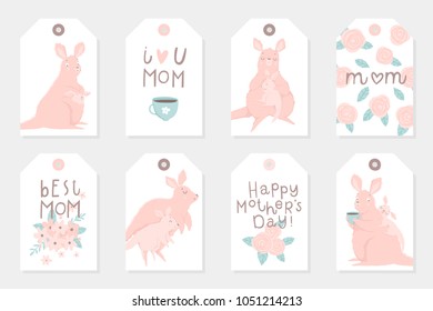 Set of 8 cute ready-to-use gift tags with cute mother kangaroo and her child. Postcard, poster, invitation design. Happy Mothers' Day greeting labels with lettering! Vector illustration.