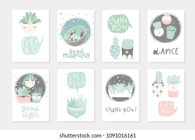 Set of 8 cute ready-to-use gift romantic postcards with succulents. Vector printable template design collection of  cards, invitations, posters in pastel colors with pretty trendy cacti houseplants
