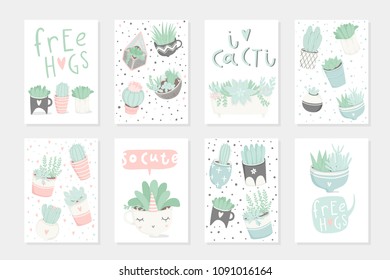 Set of 8 cute ready-to-use gift romantic postcards with succulents. Vector printable template design collection of  cards, invitations, posters in pastel colors with pretty trendy cacti houseplants