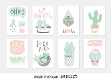 Set of 8 cute ready-to-use gift romantic postcards with succulents. Vector printable template design collection of  cards, invitations, posters in pastel colors with pretty trendy cacti houseplants