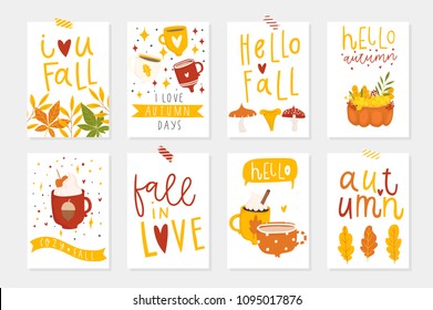 Set of 8 cute ready-to-use gift cute postcards with leaves, hearts, cups and magic Vector printable collection of Autumn card, invitation, poster in bright colors template design