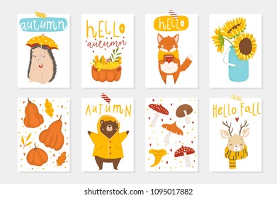 Set of 8 cute ready-to-use gift cute postcards with animals, leaves, hearts, cups and magic. Vector printable collection of Autumn card, invitation, poster in bright colors template design