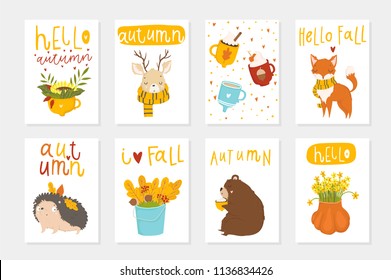 Set of 8 cute ready-to-use gift cute postcards with animals, leaves, hearts, cups and magic. Vector printable collection of Autumn card, invitation, poster in bright colors template design