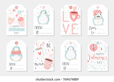 Set of 8 cute ready-to-use gift tags with penguins. Gifts, hearts, cups and magic. Printable collection of hand drawn Valentine's Day label in gentle colors. Vector badge design