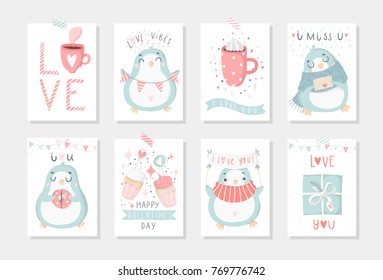 Set of 8 cute ready-to-use gift romantic postcards with penguins Gifts, hearts, cups and magic Vector printable collection of Valentine's Day card, invitation, poster in gentle colors template design 