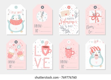 Set of 8 cute ready-to-use gift tags with penguins. Gifts, hearts, cups and magic. Printable collection of hand drawn Valentine's Day label in gentle colors. Vector badge design