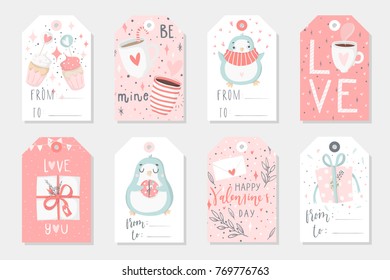 Set of 8 cute ready-to-use gift tags with penguins. Gifts, hearts, cups and magic. Printable collection of hand drawn Valentine's Day label in gentle colors. Vector badge design