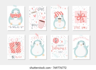 Set of 8 cute ready-to-use gift romantic postcards with penguins Gifts, hearts, cups and magic Vector printable collection of Valentine's Day card, invitation, poster in gentle colors template design 