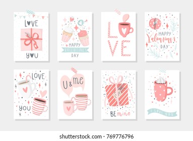 Set of 8 cute ready-to-use gift romantic postcards with penguins Gifts, hearts, cups and magic Vector printable collection of Valentine's Day card, invitation, poster in gentle colors template design 