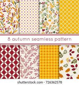 Set of 8 cute seamless Autumn Beauty patterns with leaves, berries, polka dots.