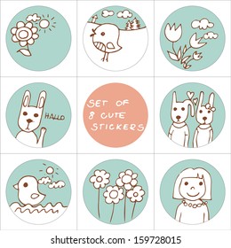 Set of 8 cute stickers with flowers, bunnies, girl and birds